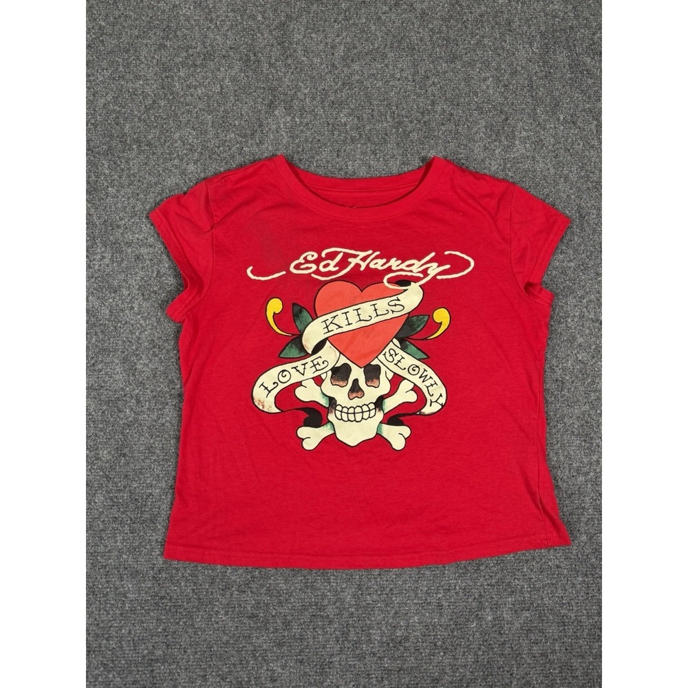 Ed Hardy Womens Red Love Kills Slowly Skull Graphic Baby Tee Size XL Y2K